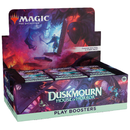 A display box of Duskmourn: House of Horror Play Boosters for Magic: The Gathering, showing the full packaging with purple and red horror-themed artwork. The box contains 36 booster packs arranged in rows, featuring atmospheric imagery of characters navigating a haunted house environment.