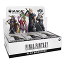 A display box of Final Fantasy Play Boosters. The white packaging prominently displays the Final Fantasy logo. The box features iconic Final Fantasy characters including Cloud Strife and other FFVII heroes on the display header, with multiple booster packs arranged below. 