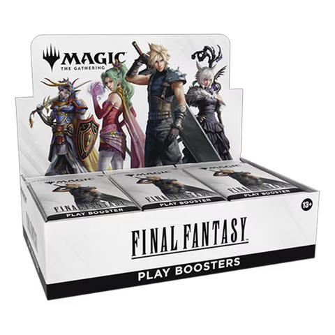 A display box of Final Fantasy Play Boosters. The white packaging prominently displays the Final Fantasy logo. The box features iconic Final Fantasy characters including Cloud Strife and other FFVII heroes on the display header, with multiple booster packs arranged below. 