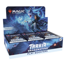The box features dark blue artwork depicting a dragon and a spellcaster, with the Magic: The Gathering logo at the top. A display box of Tarkir: Dragonstorm Play Boosters with several sealed booster packs arranged inside.