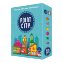 Point City board game box featuring a colorful illustrated cityscape with various buildings including apartments, shops, and a water tower against a teal background. 