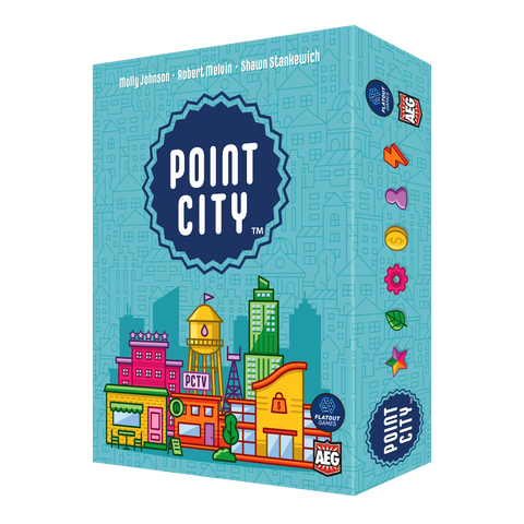 Point City board game box featuring a colorful illustrated cityscape with various buildings including apartments, shops, and a water tower against a teal background. 