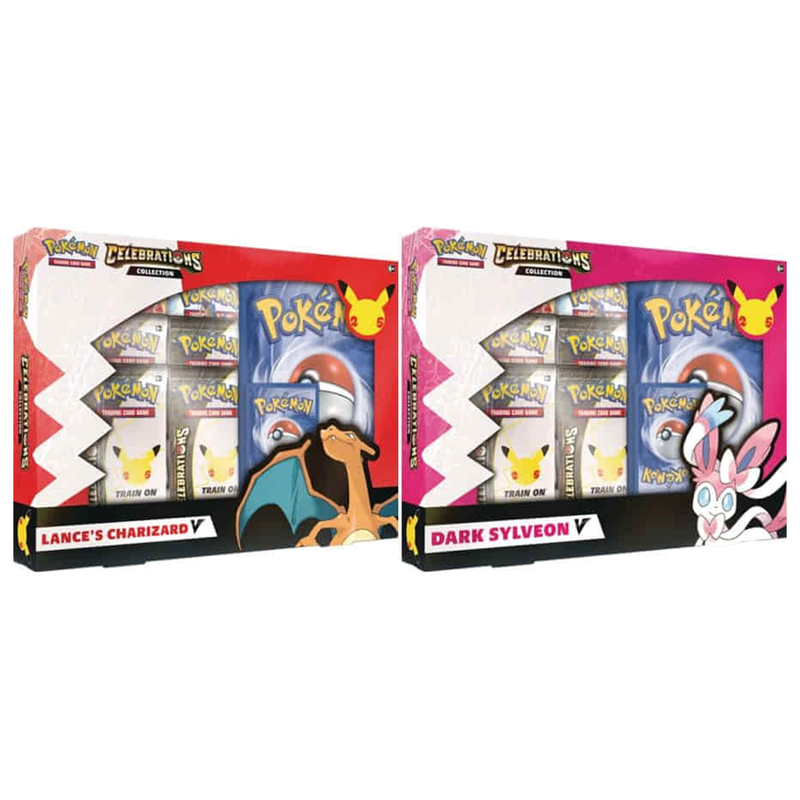 Pokemon Celebrations Collection, Dark Sylveon and Lance's Charizard variants, shown side by side. 