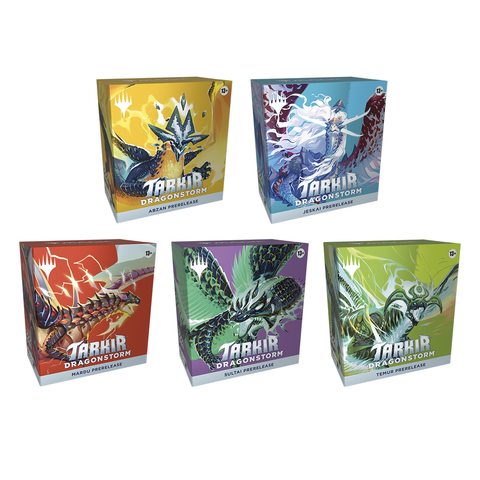 Five Tarkir: Dragonstorm Prerelease Packs arranged in a grid, each featuring a different dragon representing one of the five clans - Abzan (yellow), Jeskai (blue), Mardu (red), Sultai (purple), and Temur (green).
