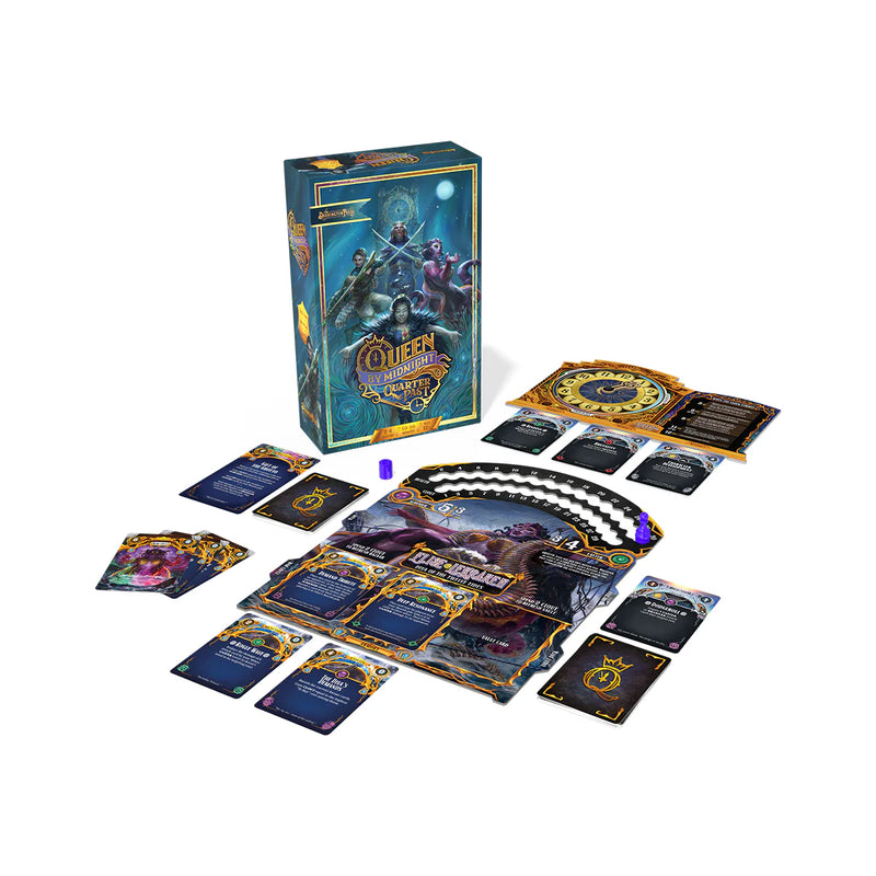Queen by Midnight: Quarter Past board game box and contents displayed, showing the fantasy-themed packaging with illustrated princesses and mystical artwork in blue and gold tones. The game components are spread out below the box, including multiple decks of ornately designed cards with dark backgrounds and golden borders, featuring various character and action cards. Additional game pieces visible include tokens, reference cards, and what appears to be a central game board or tracking mechanism, all mainta