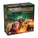 Robo Rally 30th Anniversary board game box featuring colorful robots racing through an industrial warehouse setting with lasers and obstacles. The green box displays the game's metallic logo prominently at the top with dramatic artwork showing wheeled and walking robots in action amid sparks and explosions.