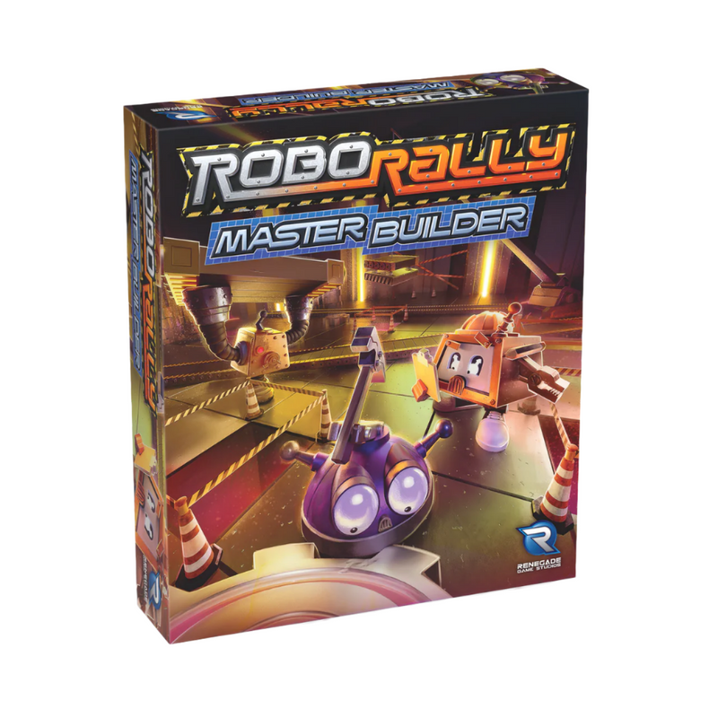 RoboRally Master Builder board game expansion box featuring colorful cartoon robots on a factory floor with conveyor belts and hazards. The box shows a purple robot with large eyes in the foreground and other robots including a yellow construction-themed robot in an industrial setting with warning stripes and cones. 