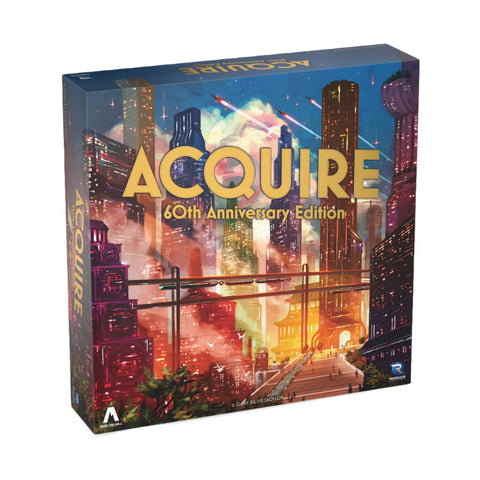 Acquire 60th Anniversary Edition board game box featuring a futuristic cityscape with illuminated skyscrapers in vibrant colors of blue, purple, orange, and pink. The box displays the game's golden "ACQUIRE" logo prominently against a dramatic sci-fi urban backdrop with glowing buildings and atmospheric lighting effects. 