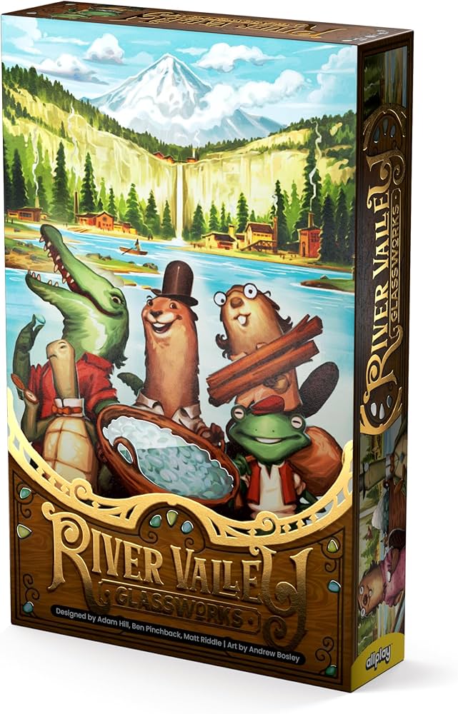 Box cover of River Valley Glassworks board game featuring cartoon animal characters (beaver, alligator, turtle, frog, and otter) in a boat on a river with a scenic mountain valley backdrop. The whimsical artwork shows a forested landscape with a waterfall, small buildings along the riverbank, and a snow-capped mountain in the distance.