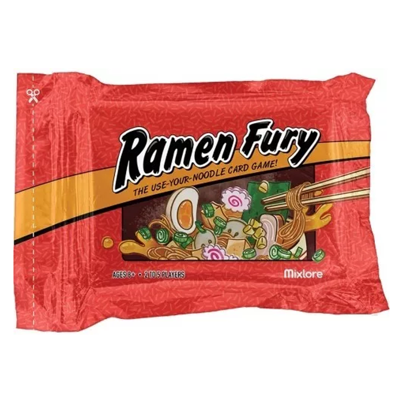 Ramen Fury card game package featuring colorful red and orange packaging with illustrated ramen bowl containing noodles, vegetables, and garnishes. The package displays the game title in bold black lettering with white outlines against a vibrant background. 