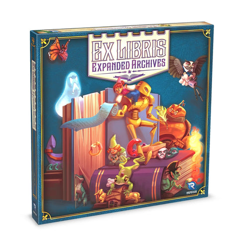 Ex Libris: Expanded Archives board game expansion box featuring colorful fantasy artwork of various magical creatures interacting with books and scrolls in a mystical library setting.