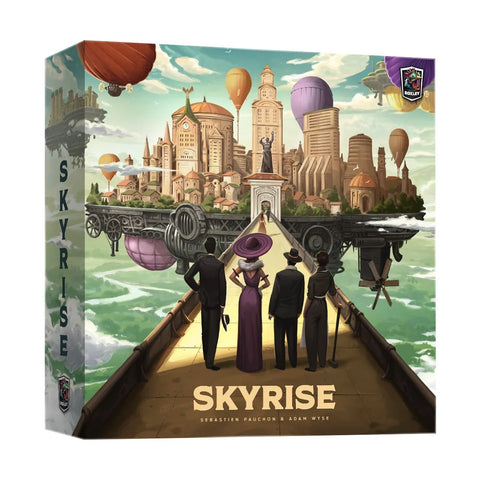 Skyrise board game box showing a steampunk-inspired floating city with ornate buildings, clock towers, and hot air balloons against a cloudy sky. Four Victorian-era figures in formal attire stand on a wooden pier or gangway leading toward the magnificent airborne metropolis. The game's title "SKYRISE" appears prominently at the bottom of the box.