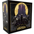 Return to Dark Tower board game box featuring a dramatic gothic design with four armored heroes standing before a massive dark tower silhouetted against a golden moon. The box art uses a black and gold color scheme with ornate decorative borders, creating an ominous fantasy atmosphere. 