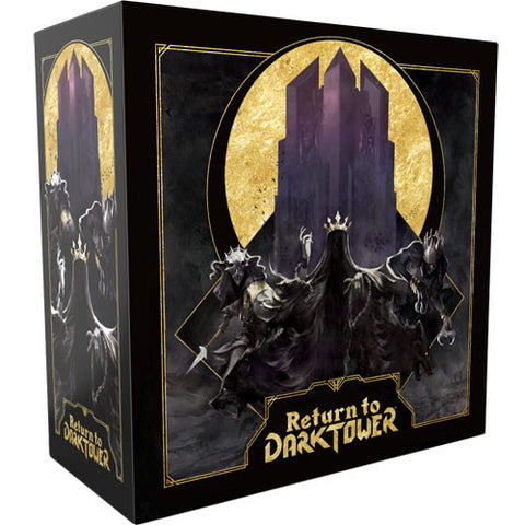 Return to Dark Tower board game box featuring a dramatic gothic design with four armored heroes standing before a massive dark tower silhouetted against a golden moon. The box art uses a black and gold color scheme with ornate decorative borders, creating an ominous fantasy atmosphere. 