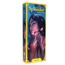 Box art for Splendor: The Sun Never Sets expansion, featuring a person with long dark hair examining a red gem against a blue background with a bright yellow border. 
