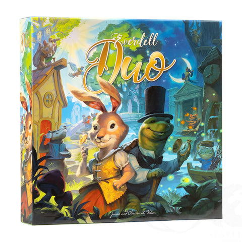Everdell Duo board game box cover featuring colorful fantasy artwork with anthropomorphic woodland creatures including a rabbit adventurer and a frog wearing a top hat. The vibrant illustration shows a whimsical forest village scene with treehouses, stone buildings, and magical glowing elements in blues and greens. The game's title 'Everdell Duo' appears in elegant golden lettering at the top of the box.