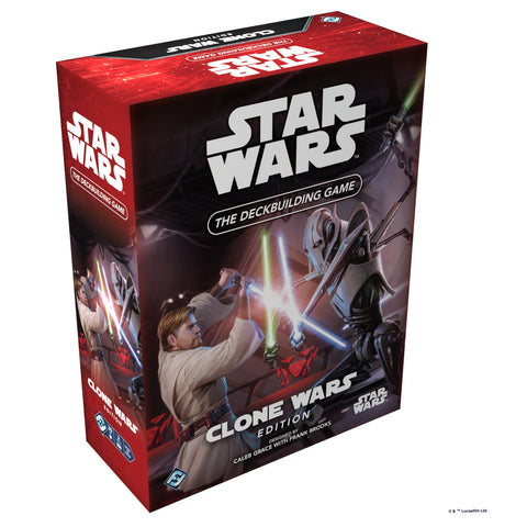 Star Wars: The Deckbuilding Game Clone Wars Edition box featuring dramatic artwork of Jedi and clone troopers engaged in lightsaber combat against battle droids. The red and black packaging displays the iconic Star Wars logo prominently at the top, with "The Deckbuilding Game" and "Clone Wars Edition" clearly labeled below.