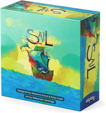 Box for the board game "Sail" featuring vibrant, colorful artwork of a sailing ship on turquoise waters against a yellow-green sky background. The colorful, artistic style reflects the nautical adventure theme of this cooperative two-player trick-taking game.