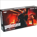 Wolfenstein: The Board Game box featuring dramatic red and orange artwork with an armed soldier character in the foreground and robotic enemies in a fiery, dystopian background. The box displays the Wolfenstein logo prominently in white lettering, with "THE BOARD GAME" subtitle below.