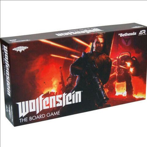 Wolfenstein: The Board Game box featuring dramatic red and orange artwork with an armed soldier character in the foreground and robotic enemies in a fiery, dystopian background. The box displays the Wolfenstein logo prominently in white lettering, with "THE BOARD GAME" subtitle below.