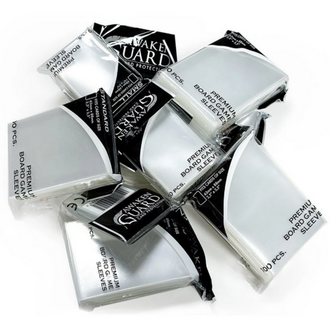 Multiple packages of Ultimate Guard Premium Board Game Sleeves scattered on a white background, showing clear protective card sleeves in their black and white packaging.