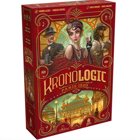 Kronologic Paris 1920 board game box featuring elegant Art Nouveau-style artwork with three characters - a man with a camera, a woman in 1920s fashion holding a wine glass, and another figure in period clothing. The ornate red and gold box design showcases the Paris Opera house at the bottom and displays the game's vintage aesthetic with decorative flourishes throughout. 