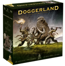 Doggerland board game box featuring prehistoric fantasy artwork with armored warriors riding a woolly mammoth across a grassy landscape. The dramatic cover art shows lightning in a stormy sky and depicts the Stone Age theme with primitive weapons and tribal clothing. The golden "DOGGERLAND" title prominently displays across the top of the dark green packaging.