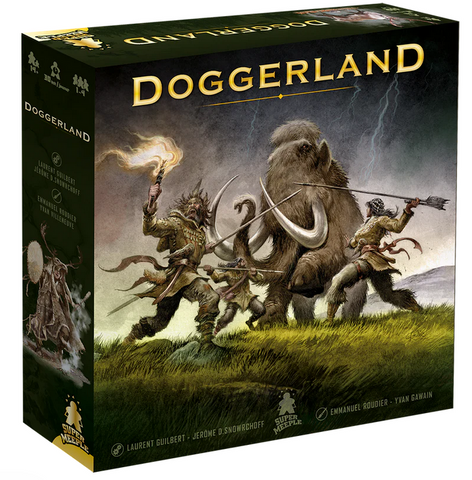 Doggerland board game box featuring prehistoric fantasy artwork with armored warriors riding a woolly mammoth across a grassy landscape. The dramatic cover art shows lightning in a stormy sky and depicts the Stone Age theme with primitive weapons and tribal clothing. The golden "DOGGERLAND" title prominently displays across the top of the dark green packaging.