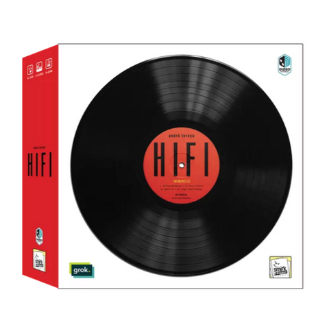 HiFi board game box featuring a large black vinyl record with red center label against a white background. The game's title "HI-FI" appears prominently in black text on both the red spine and the record's center label. The minimalist packaging design emphasizes the music recording theme with clean typography and the iconic vinyl record aesthetic.