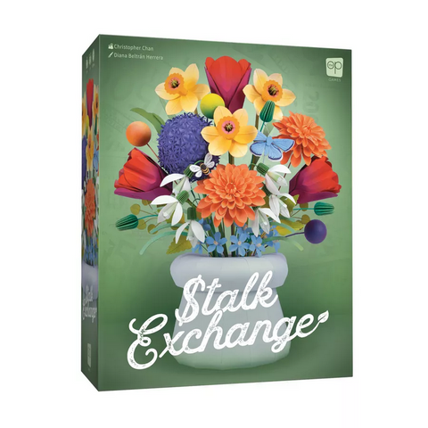 Stalk Exchange board game box featuring a colorful floral arrangement with daffodils, tulips, dahlias, and other flowers in a white vase against a soft green background. The game's title appears in elegant white script lettering across the front of the box. 