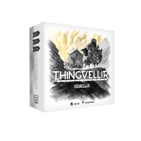 Thingvellir board game box featuring dramatic black and white artwork of Norse warriors.