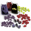 Pagan: The Fate of Roanoke wooden game component set featuring three drawstring cloth bags in purple, red, and black with skull and mystical designs. The set includes over 100 wooden game pieces sorted by color - purple witch and clue tokens, red hunter and favor pieces, yellow-green skull tokens, and black evidence markers.