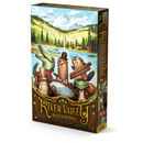 River Valley Glassworks board game box featuring anthropomorphic animal characters including an alligator, otter, and beaver in a wooden raft on a scenic mountain river. The colorful illustrated box art shows a wilderness landscape with pine trees, mountains, and a waterfall in the background, with logging operations visible along the riverbank. The game's ornate golden title logo is prominently displayed at the bottom of the box in an decorative vintage style.