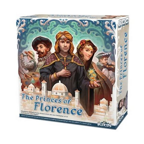 The Princes of Florence board game box featuring Renaissance-era artwork with three elegantly dressed figures in period clothing against an ornate decorative background. The box shows the WizKids publisher logo and displays the distinctive Italian Renaissance aesthetic with architectural elements including domed buildings reminiscent of Florence's skyline.
