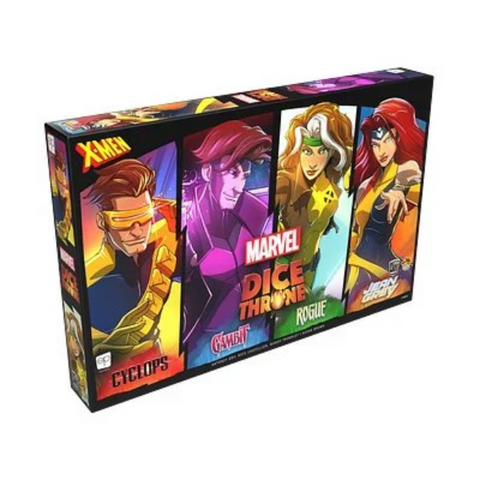 Marvel Dice Throne X-Men Box 2 board game package featuring four X-Men characters in colorful comic book art style. The box shows Cyclops with his signature red visor, Gambit in his brown coat, Rogue with her distinctive white-streaked hair, and Jean Grey with flowing red hair, each illustrated in dynamic poses against vibrant backgrounds. The sleek black packaging displays the Marvel and Dice Throne logos prominently with character names clearly labeled beneath each hero.