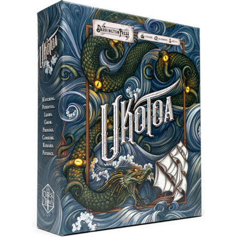 Uk'otoa board game box featuring dramatic nautical artwork with a large sea serpent coiled around a sailing ship amid turbulent blue waters. The ornate game title "Uk'otoa" is prominently displayed in decorative lettering across the center of the box. 