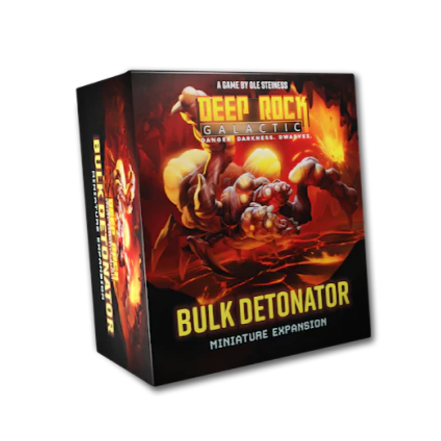 Deep Rock Galactic Bulk Detonator miniature expansion box featuring dramatic red and orange artwork of a large, grotesque creature with multiple fangs and a lumpy, explosive body set against fiery cave backgrounds. The game box displays the Deep Rock Galactic logo prominently at the top with "A Game by Ole Steiness" credited above it.