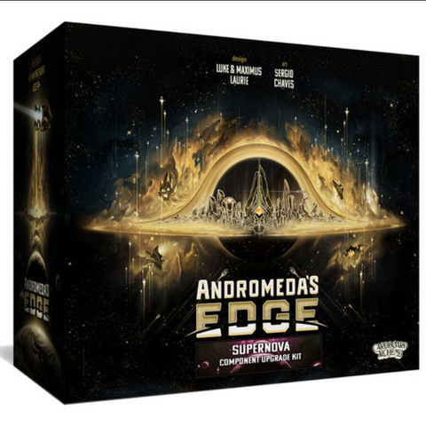 Andromeda's Edge Supernova Component Upgrade Kit box featuring dramatic space-themed artwork with a golden galactic structure set against a starry black background. The box displays the game's logo in bold metallic lettering with "Supernova Component Upgrade Kit" prominently featured below.