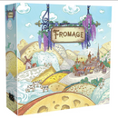Fromage board game box cover featuring whimsical illustrated countryside with rolling hills of yellow cheese wheels and a quaint French village. The ornate wooden sign reading 'FROMAGE' hangs from decorative ironwork with purple grape vines, set against a pastoral landscape of cheese-shaped terrain. The charming artwork depicts a fairy-tale French cheese-making region with windmills, traditional buildings, and cheese wheels integrated into the rolling topography.