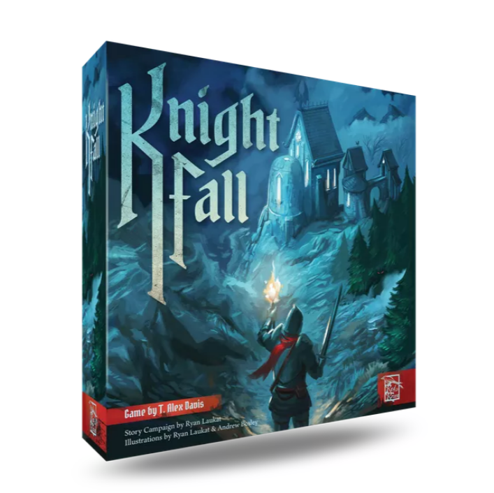Knight Fall board game box featuring dramatic artwork of a cloaked figure with a torch approaching a mysterious castle on a mountainous landscape. The box displays dark blue and teal tones with gothic fantasy styling, showing the game title prominently at the top.