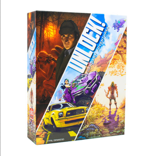 Unlock! Legendary Adventures board game box featuring dramatic artwork divided into three diagonal sections showcasing different adventure scenarios. The left section displays a dark, mysterious figure in what appears to be a heist setting, the middle shows a purple race car, and the right depicts a lone figure in a desert landscape. The colorful box design emphasizes the game's three escape room adventures with bold graphics and vibrant orange, purple, and yellow color schemes.
