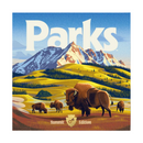 Parks Summit Edition board game box cover featuring a stylized illustration of bison grazing in golden grasslands with snow-capped mountains in the background. The artwork uses a vintage national park poster aesthetic with warm yellows and blues, showcasing the game's nature theme. The "Parks" title is prominently displayed in large white letters across the top, with "Summit Edition" noted at the bottom.