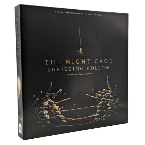 The Night Cage: Shrieking Hollow board game expansion box featuring dark horror-themed artwork with skeletal ribcage imagery. The black packaging displays golden text for the title and creators' names against an ominous background with a small flickering candle flame at the top.