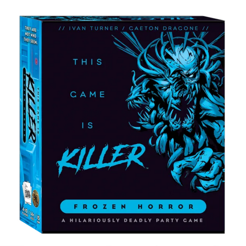 Box art for 'This Game Is KILLER: Frozen Horror' board game, featuring a menacing blue creature with sharp teeth and claws against a dark background. The box displays the game's title in striking blue text.