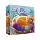 Box art for Knitting Circle featuring an orange tabby cat sleeping in a basket of colorful yarn balls in purple, blue, and gray. The light blue box shows knitting needles and fabric patterns in the background, with publisher logos AEG and Flatout Games at the bottom.
