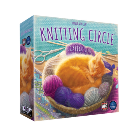 Box art for Knitting Circle featuring an orange tabby cat sleeping in a basket of colorful yarn balls in purple, blue, and gray. The light blue box shows knitting needles and fabric patterns in the background, with publisher logos AEG and Flatout Games at the bottom.