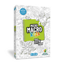 MicroMacro Kids: Crazy City Park" board game box featuring a green spiral notebook design on a detailed black and white cityscape background.