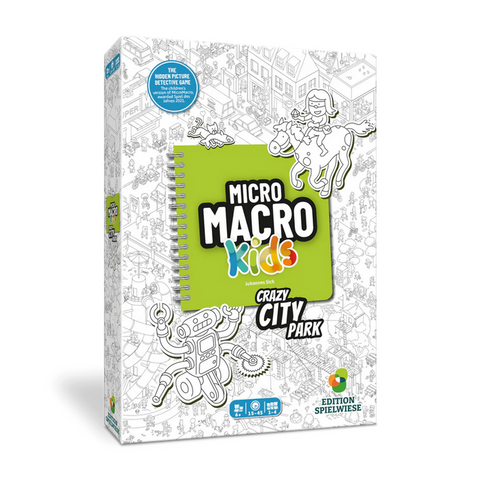 MicroMacro Kids: Crazy City Park" board game box featuring a green spiral notebook design on a detailed black and white cityscape background.