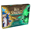 We're Sinking: Swords & Souls Expansion box featuring cartoon illustrations of a naval officer in blue on the left and ghostly pirate figures in green on the right. The game box has a wooden plank background with vibrant blue and green accents.