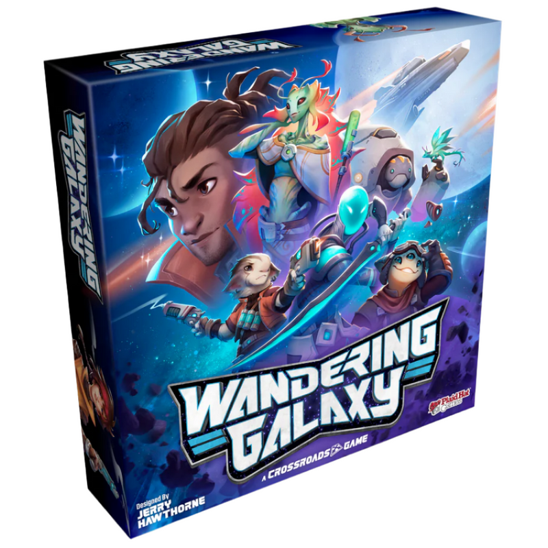 Box cover of "Wandering Galaxy," a Crossroads Game by Plaid Hat Games, featuring colorful sci-fi artwork with diverse characters including humans and alien species set against a space backdrop. The vibrant blue box displays various crew members with weapons and equipment, highlighting the game's space exploration theme.